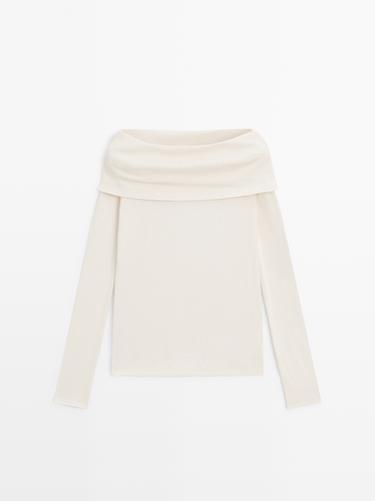T-shirt col bustier en coton mélangé - Écru de Zara - Image 0