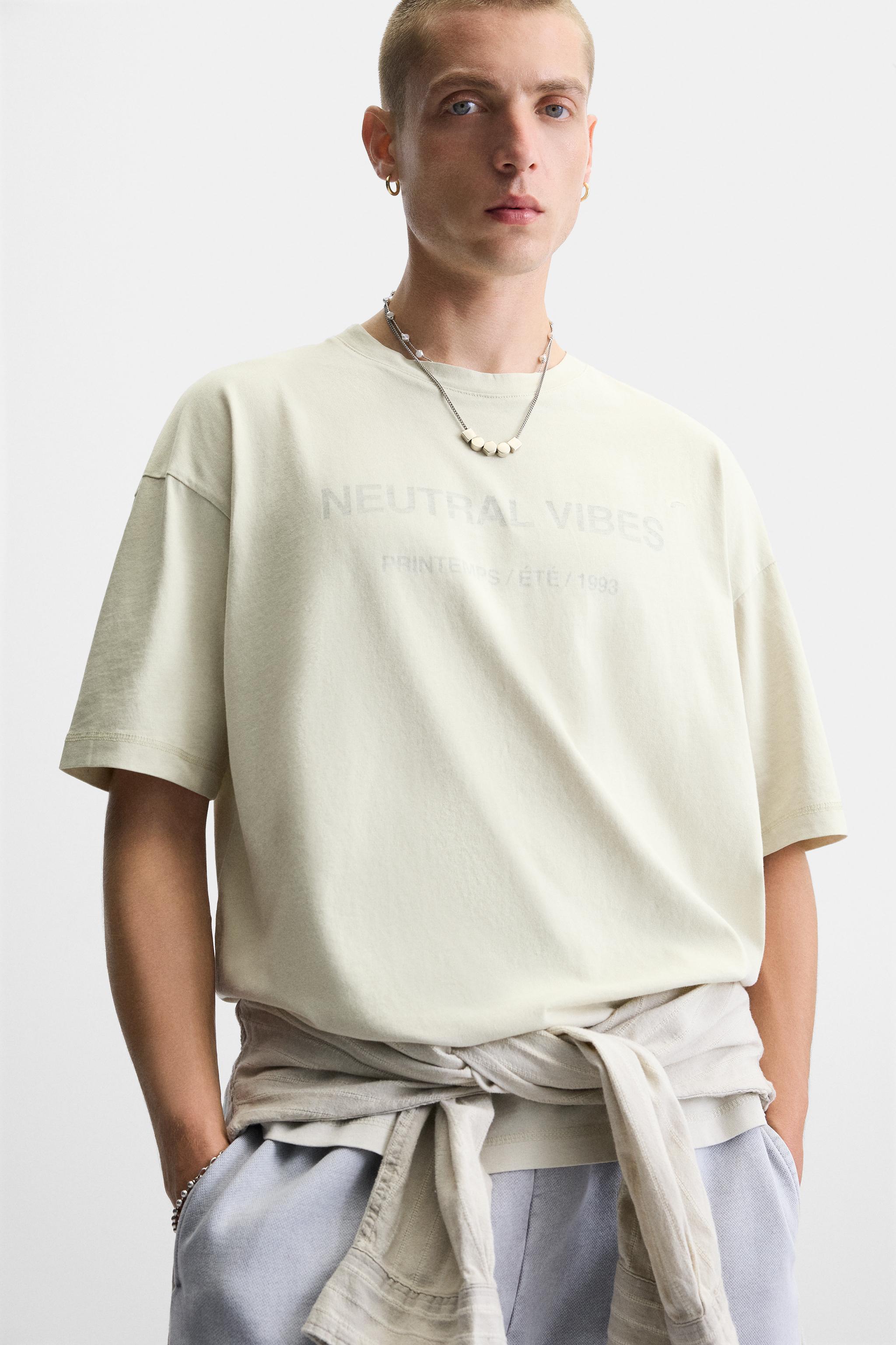 ウォッシュ加工テキストTシャツ - ライトグレー | ZARA Japan