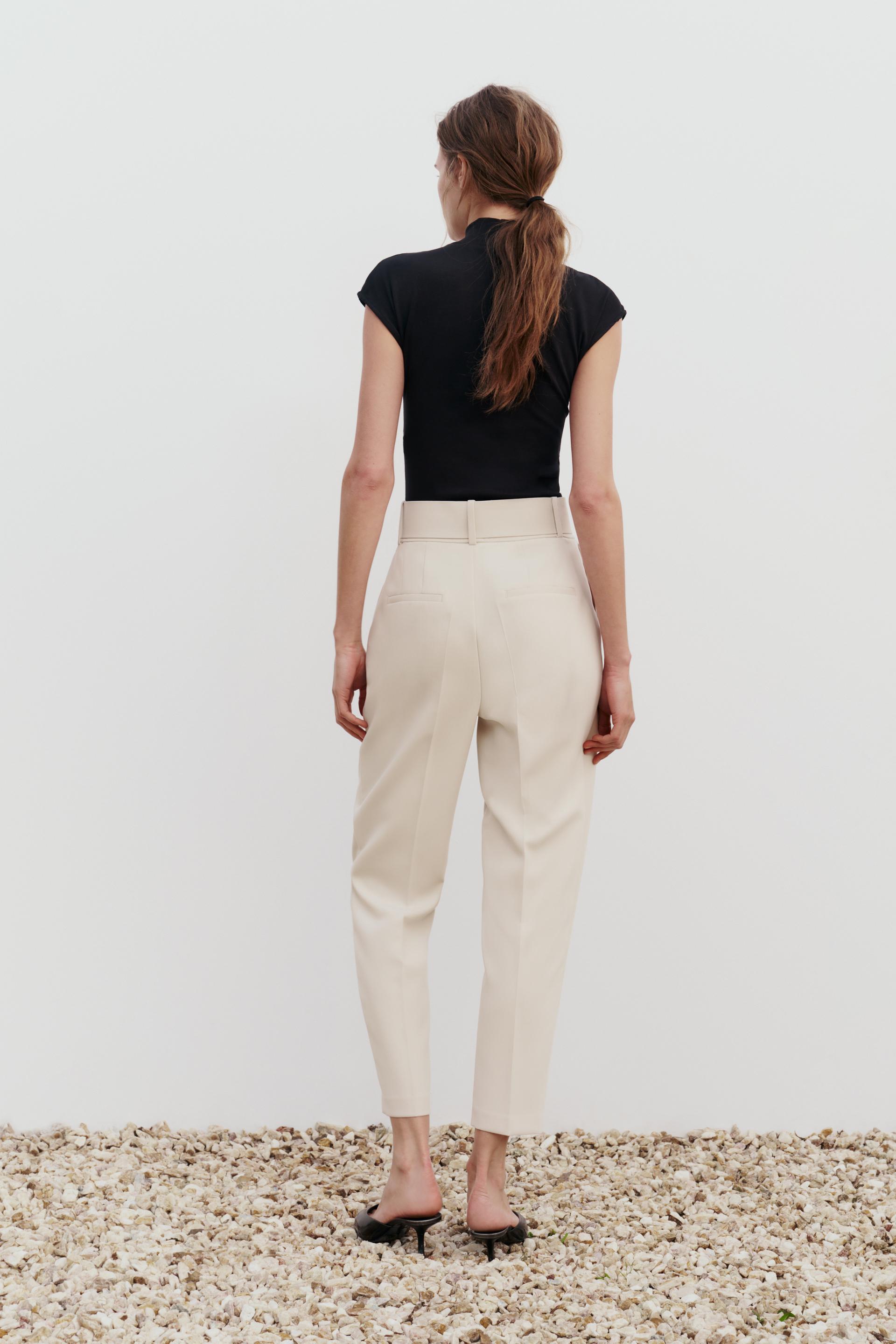 Zara High Waist Belted Cream Pants, Women's Fashion, Bottoms