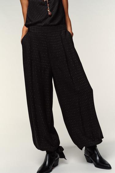 Zara METALLIC THREAD BALLOON PANTS - Black