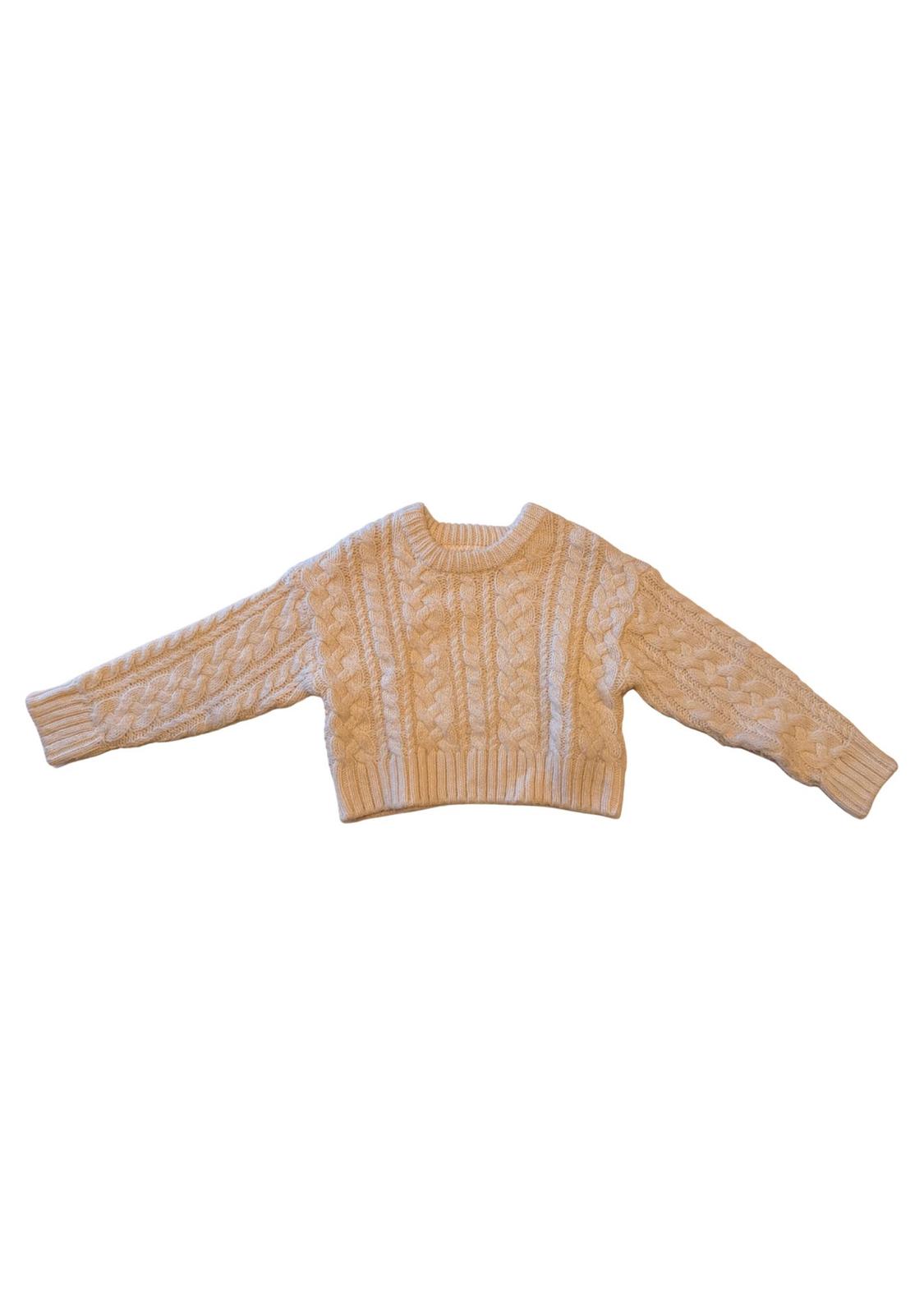 Cream chunky knit cable-knit jumper with a round neck and long sleeves, on a white background.