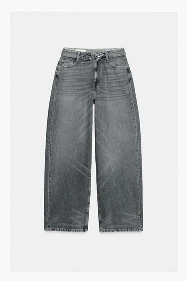 جينز بخصر مطوي TRF بخصر متوسط الارتفاع - رمادي by Zara