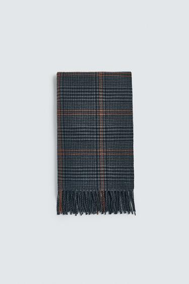 Zara FRINGED PLAID SCARF - Dark gray