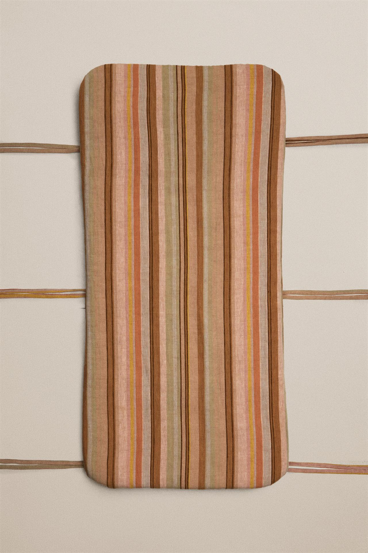STRIPED COTTON AND LINEN ACCENT CHAIR SEAT CUSHION — Light beige