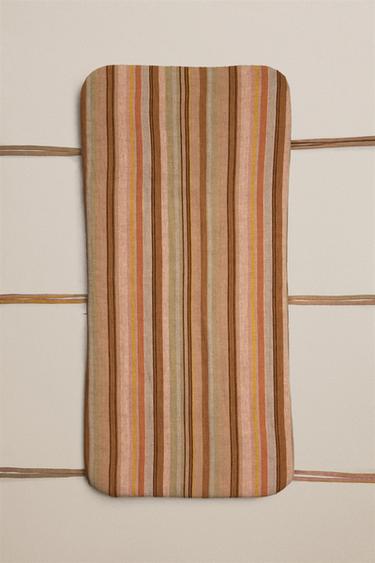 STRIPED COTTON AND LINEN ACCENT CHAIR SEAT CUSHION — Light beige 1