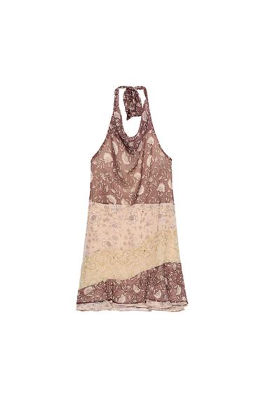 BEADED PRINT HALTER DRESS