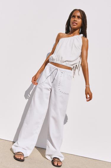 STUDDED FLOWING WIDE-LEG JEANS - White by Zara
