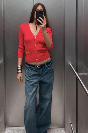RIBBED KNIT CARDIGAN - Red by Zara - Image 1
