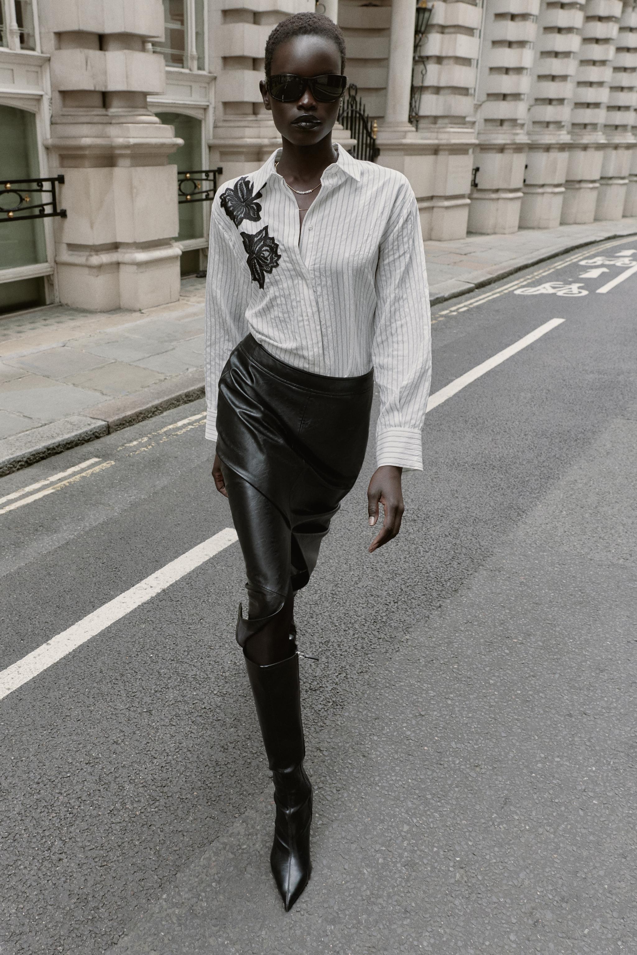 STRIPED SHIRT WITH LACE FLOWER - Ecru / Black | ZARA United