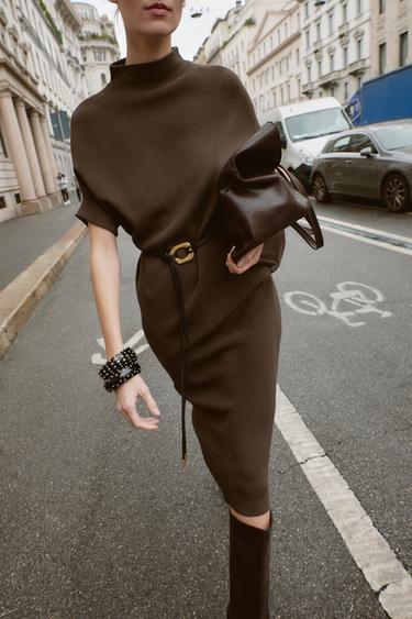 KNIT DRESS WITH BELT - Mink by Zara