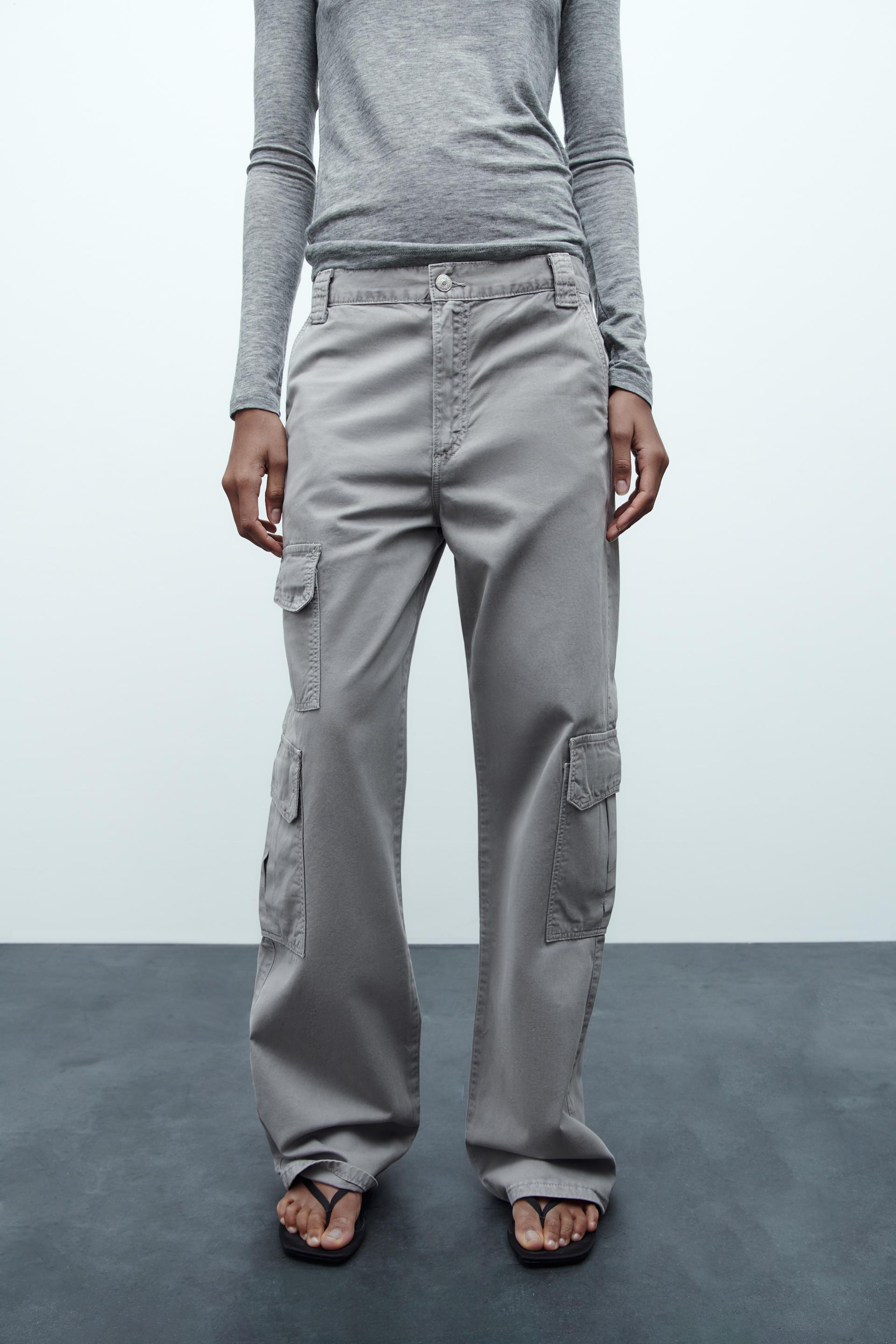 HIGH-RISE STRAIGHT-FIT TRF CARGO TROUSERS - Taupe grey