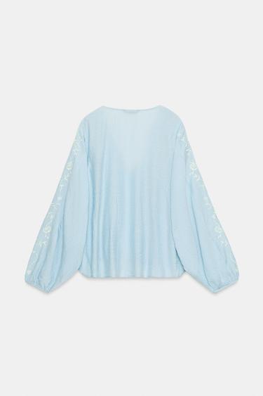 CONTRAST EMBROIDERED BLOUSE - Pastel blue by Zara - Image 7