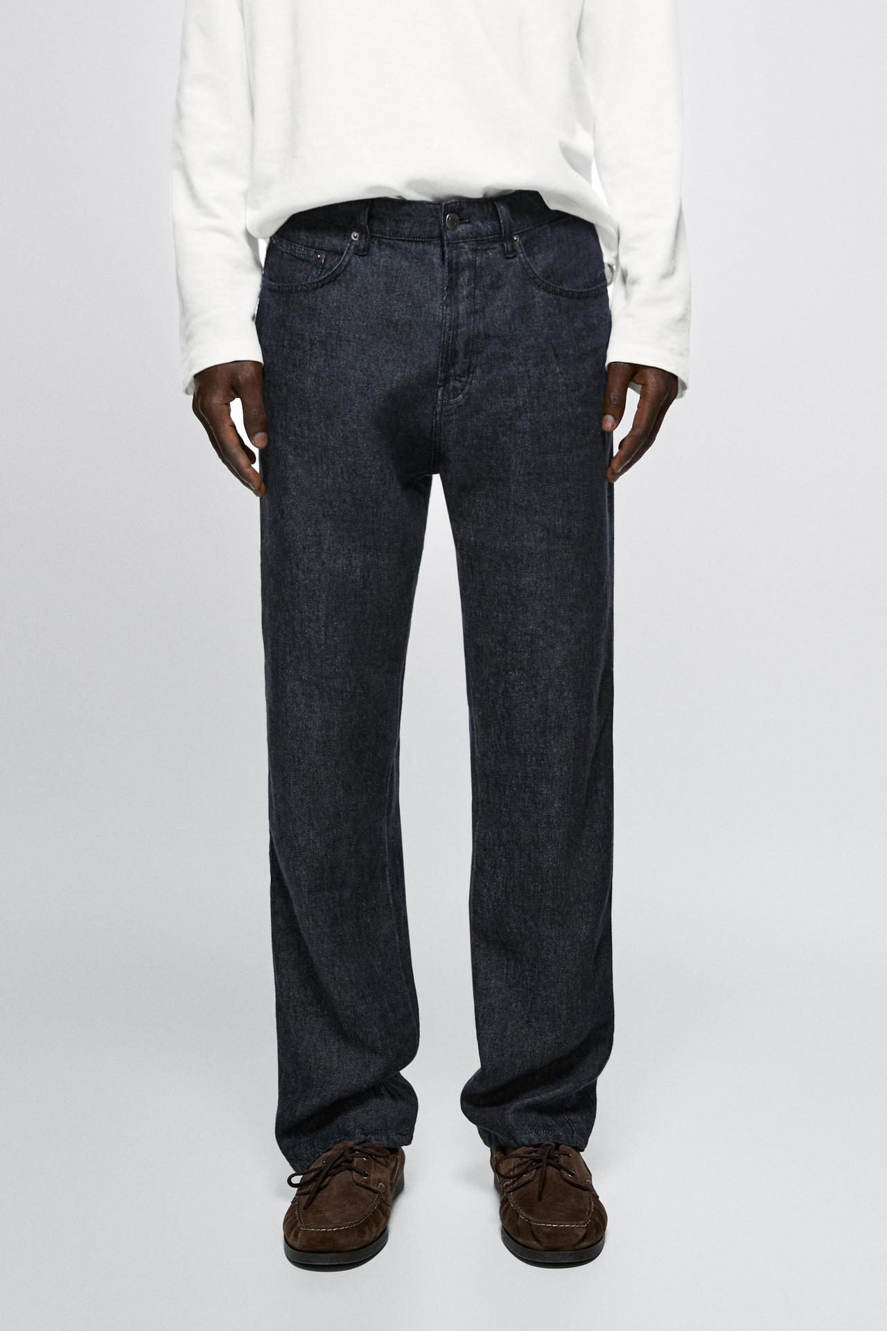 Straight-leg linen denim-effect pants — Navy blue