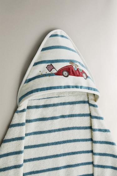 CHILDREN'S HOODED RACER DOG BATH TOWEL - Blue/White by Zara - Image 1