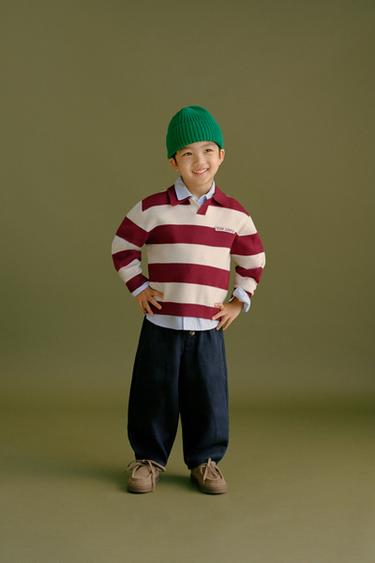 STRIPED KNITTED VARSITY POLO SHIRT - Ecru / Maroon by Zara