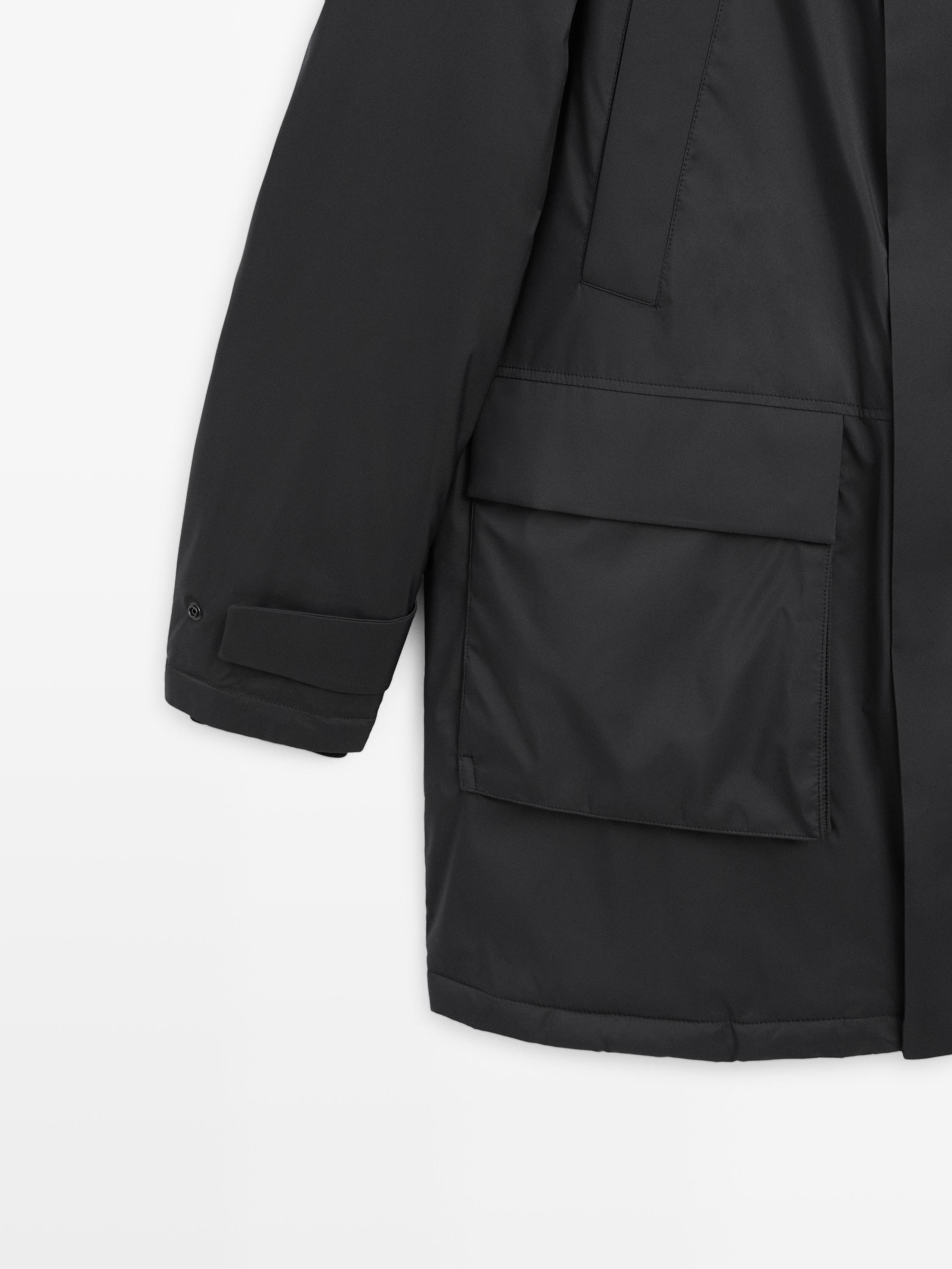 Long water-repellent down blend hooded parka