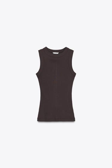Zara RIBBED ROUND NECK T-SHIRT - Brown