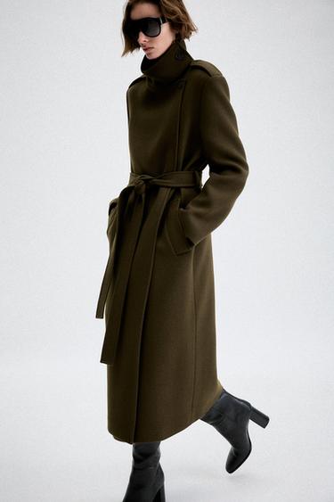 ABRIGO MEZCLA LANA CINTURÓN ZW COLLECTION - Khaki oscuro de Zara