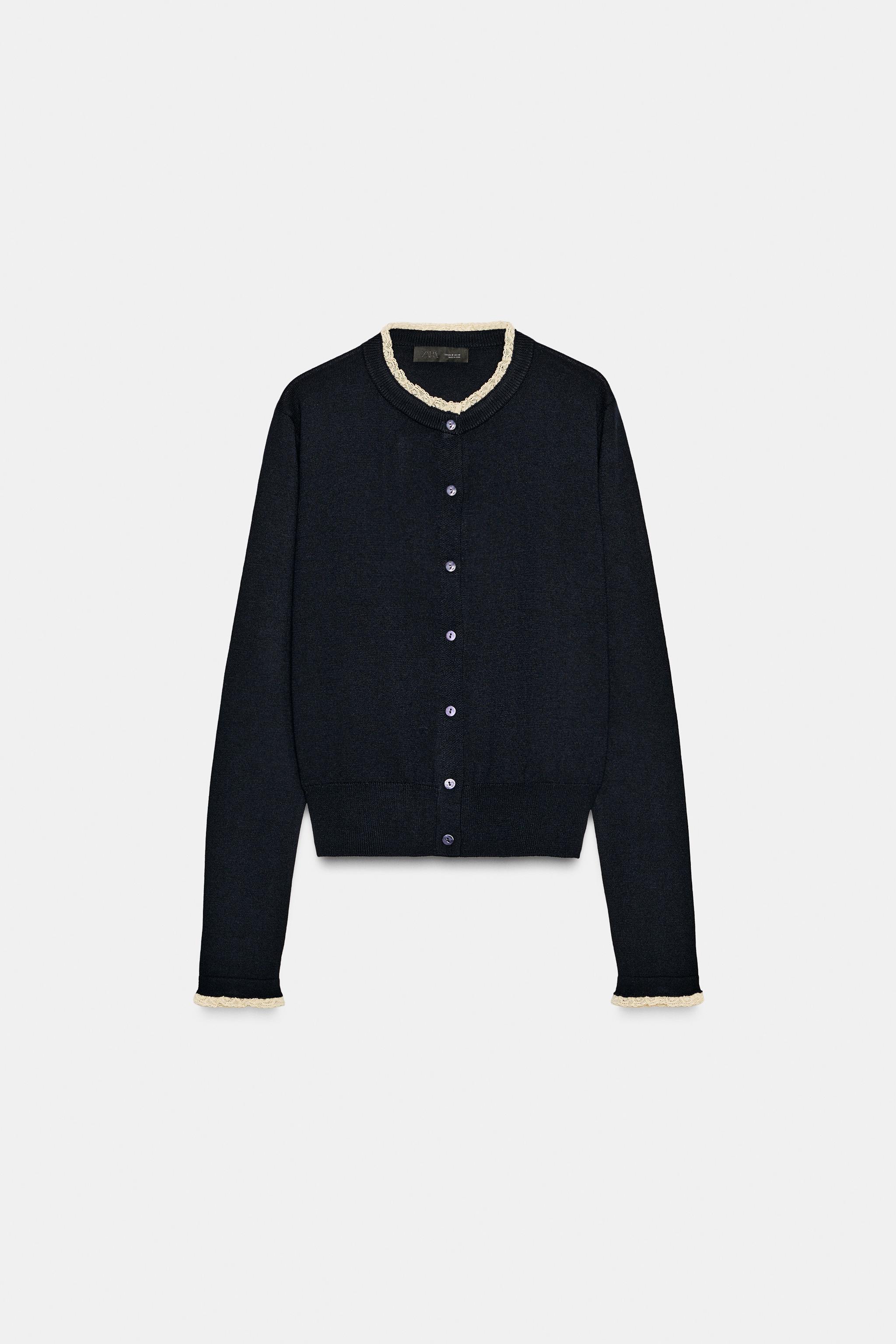 LACE TRIM KNIT CARDIGAN - Navy blue | ZARA United States LACE TRIM KNIT CARDIGAN - Navy blue | ZARA United States