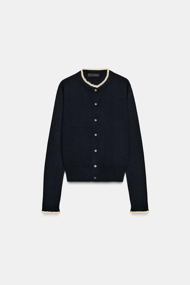 CARDIGAN WITH LACE TRIMS - Navy blue by Zara