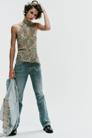 توب هالتر مزين بالخرز - كاكي داكن الخاص بـ Zara
