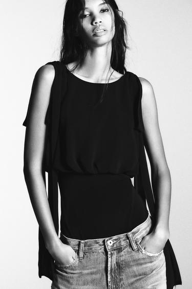 BODY DE GEORGETTE COMBINADO COM LAÇOS - Preto da Zara