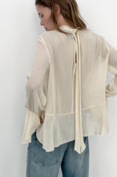 SEMI-SHEER RUFFLED TOP - Ecru by Zara - Image 4