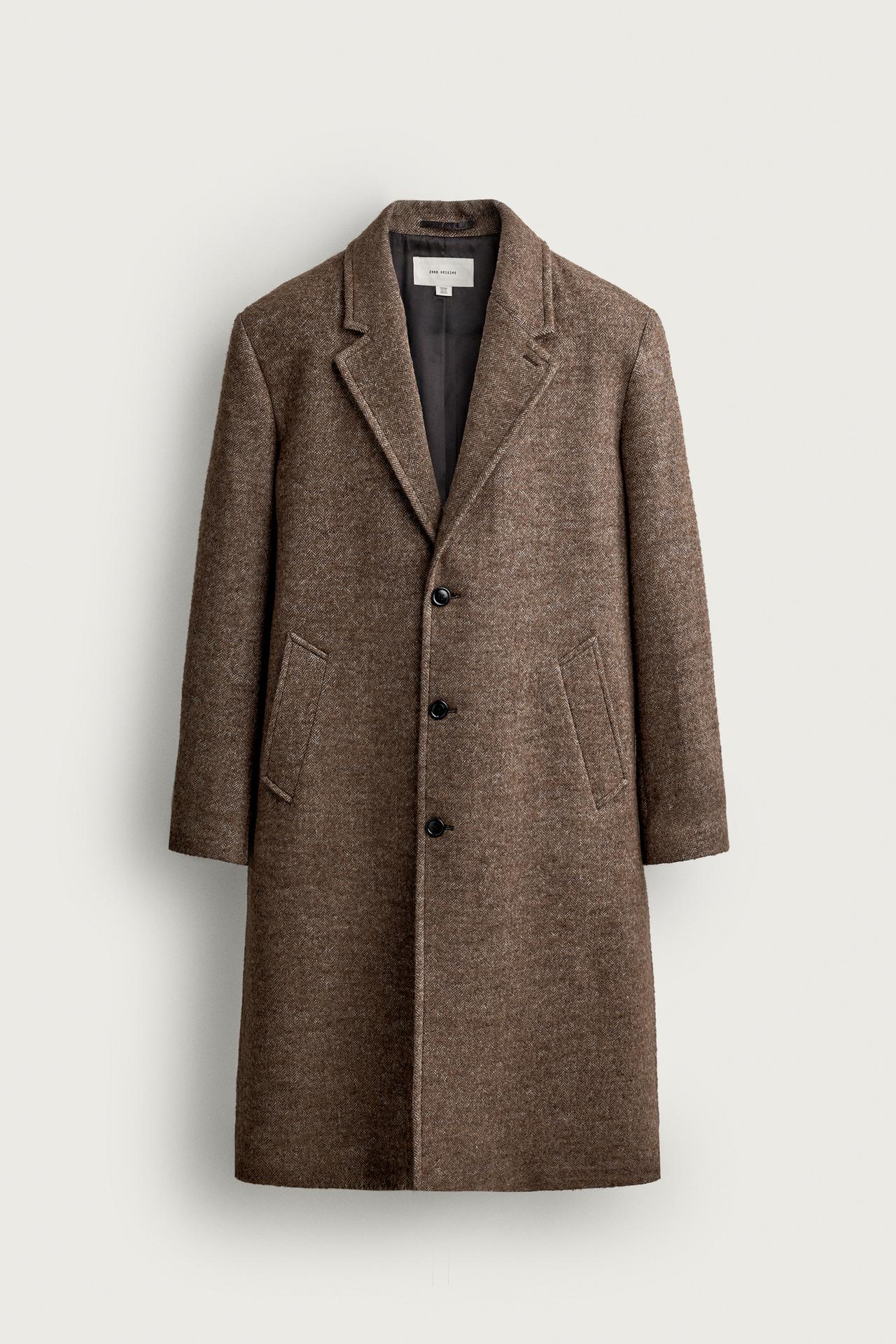 HERRINGBONE WOOL-BLEND COAT — Light brown