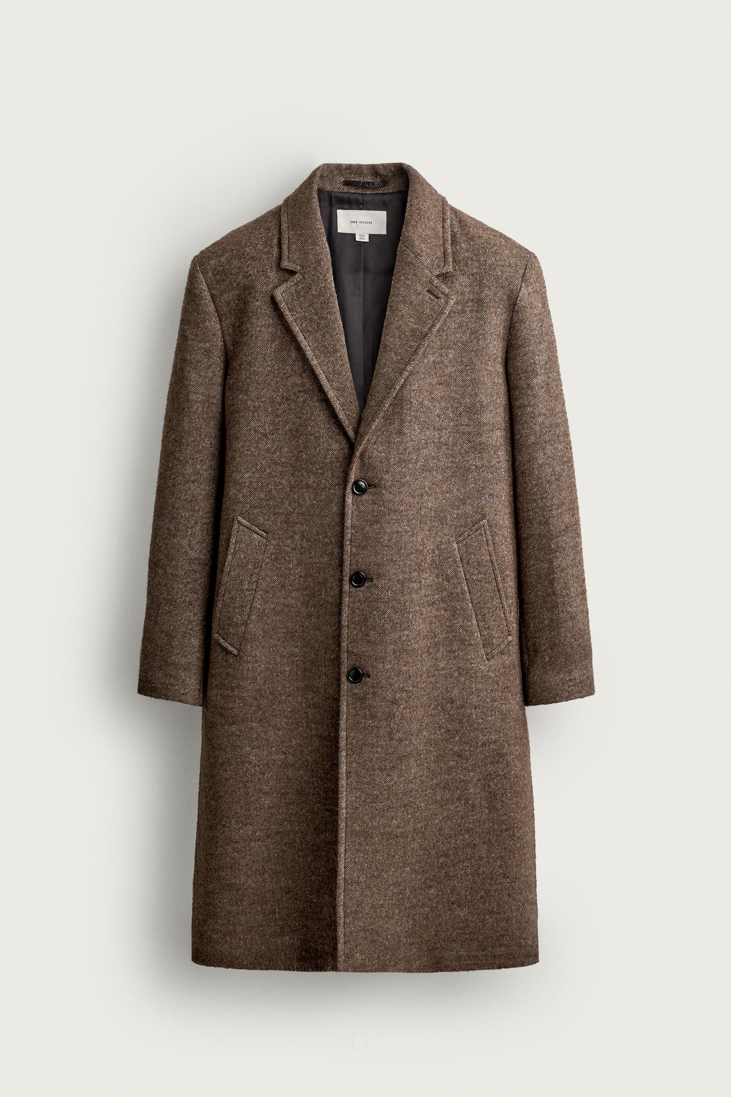 Мужское пальто Zara Herringbone Wool-Blend, цвет: Светлый коричневый — фото 7
