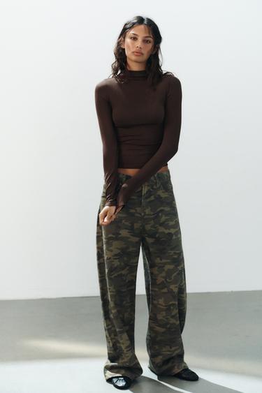Zara TRF PRINTED BAGGY FIT JEANS - Khaki