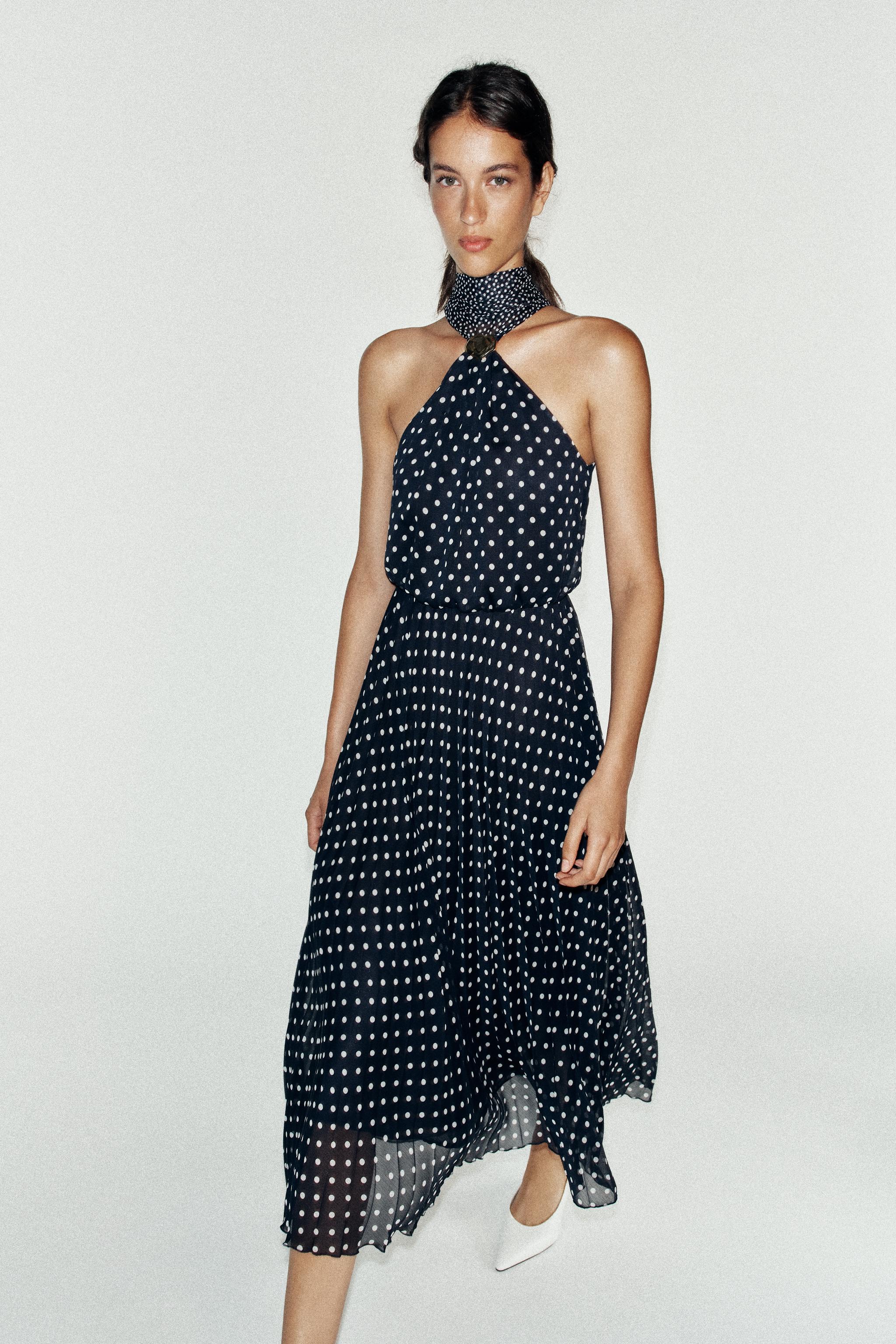 POLKA DOT HALTER MIDI DRESS — Navy / White