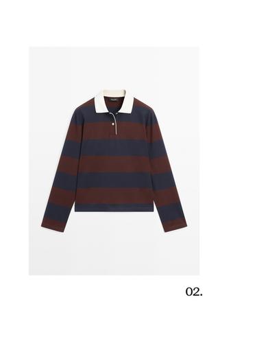Zara Striped long sleeve cotton polo shirt - Navy blue
