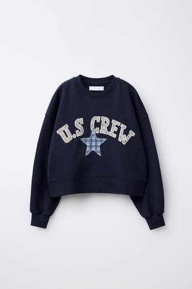 MOLETOM COM MENSAGEM BORDADA E PATCH DE ESTRELA - Azul-marinho da Zara