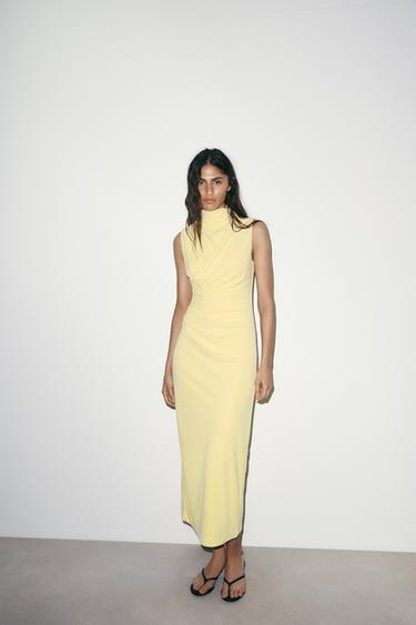 VESTIDO DRAPEADO DE GOLA ALTA - Amarelo da Zara