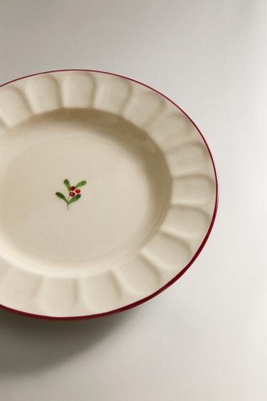 WAVY STONEWARE CHRISTMAS SIDE PLATE - White / Red by Zara - Image 2