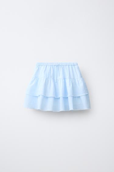 リネンコットン フリルスカート青色/白色0Zaraのリネンコットン フリルスカート - 青色/白色 - 画像 0