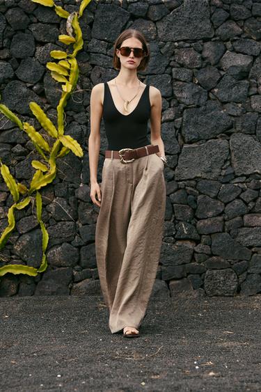 BELTED WIDE-LEG SATIN TROUSERS - Brown / Taupe by Zara - Image 5