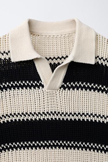 STRIPED CROCHET KNIT POLO SHIRT - Ecru by Zara - Image 2