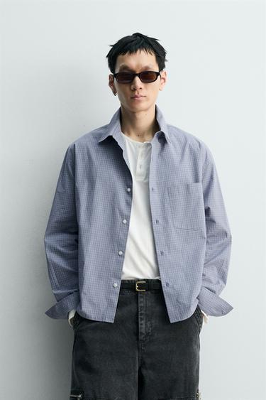 Zara 方版剪裁格紋襯衫 - 水洗藍色