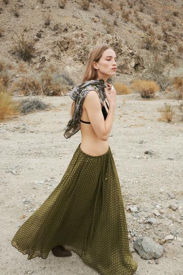 Zara LONG PRINTED SKIRT WITH METALLIC THREAD - Green / Ecru