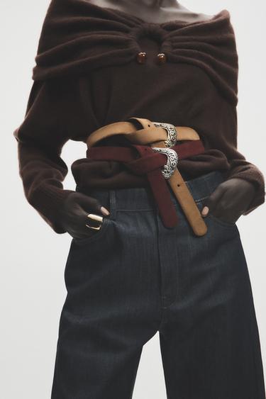 LEATHER BELT WITH ENGRAVED BUCKLE - Mid-camel by Zara