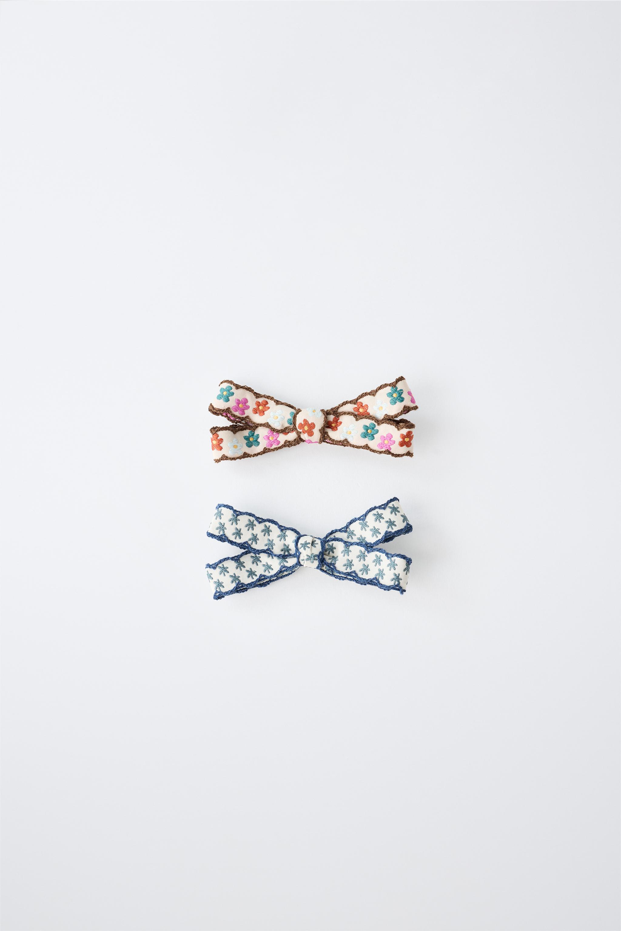 TWO-PACK OF EMBROIDERED BOW HAIR CLIPS — Multicolored