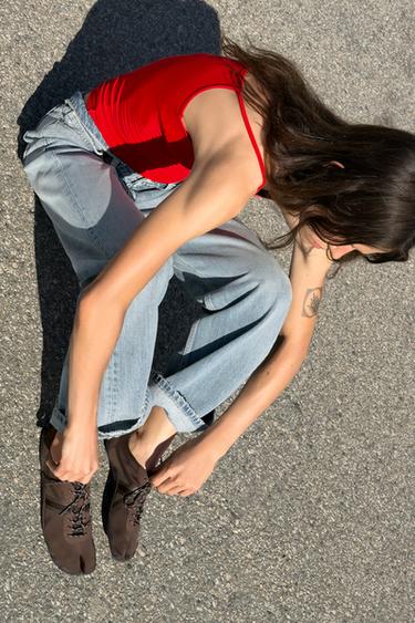 Zara FLAT LACE-UP BALLET FLATS - Brown