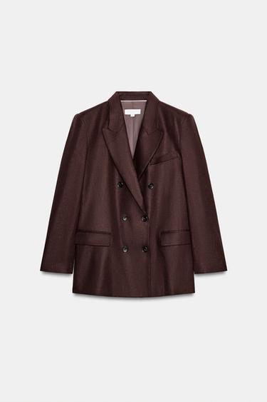 DOUBLE-BREASTED 100% LINEN BLAZER WITH SHOULDER PADS - Brown by Zara