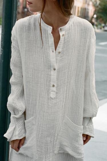 100% LINEN TUNIC DRESS - White by Zara