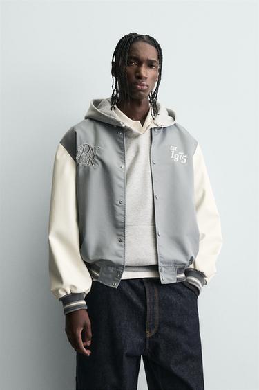 Zara CONTRAST EMBROIDERED BOMBER JACKET - Blue gray