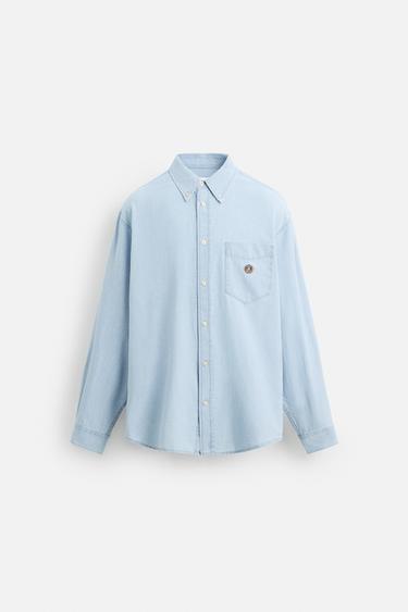 Zara EMBROIDERED DENIM SHIRT - Light blue