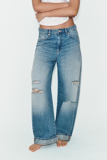 TRF MID-WAIST RIPPED BAGGY FOLDED JEANS - Indigo by Zara