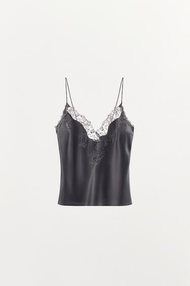 TOP بمظهر ساتاني وحمالات ودانتيل - رمادي أنثراسايت الخاص بـ Zara