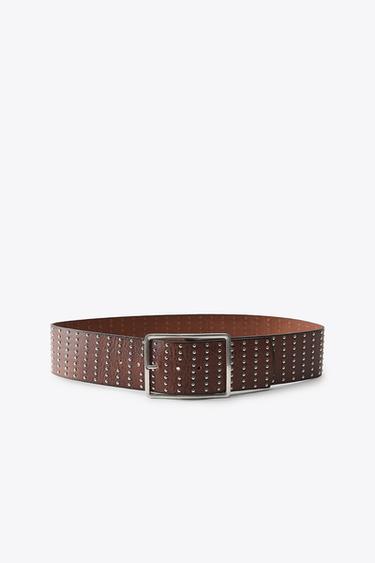 LEATHER BELT WITH MULTI STUDS - Brown by Zara - Image 0